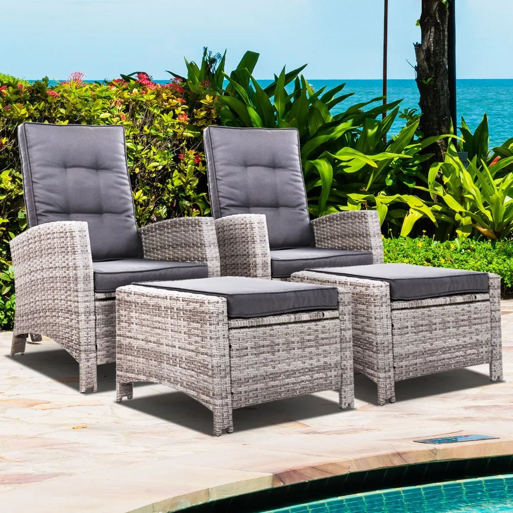 Set of 2 Elise Outdoor Recliner Chairs with Ottomans Grey