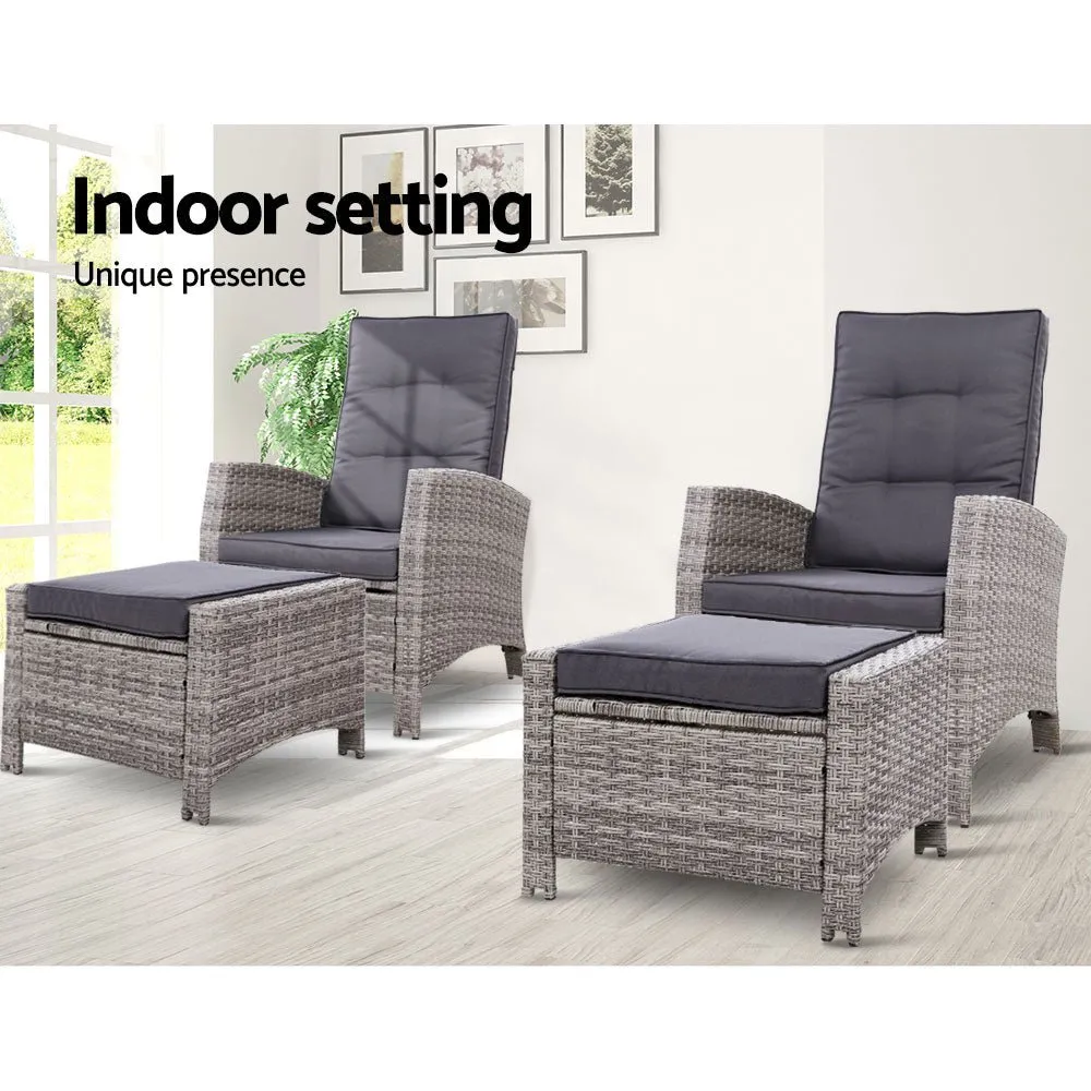Set of 2 Elise Outdoor Recliner Chairs with Ottomans Grey