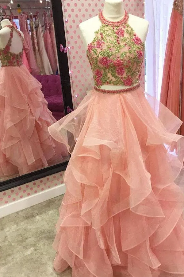 Two Piece Round Neck Tiered Pink Open Back Prom Dress with Appliques PG454