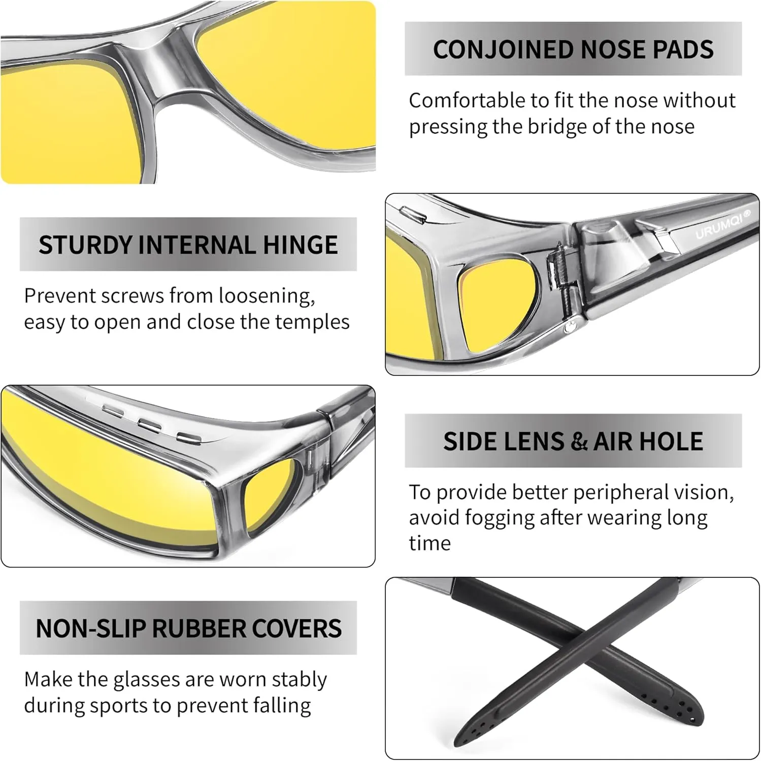 URUMQI Night Vision Driving Glasses Fit Over Eyeglasses for Men Women, Anti Glare Polarized Nighttime Glasses Yellow Lens
