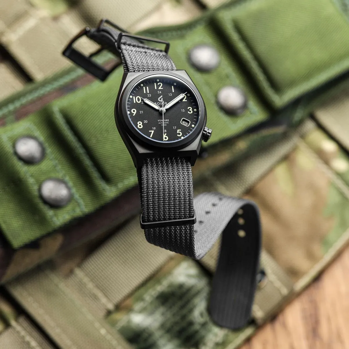 WatchGecko Ridge Military Nylon Watch Strap - Grey - PVD IP Black