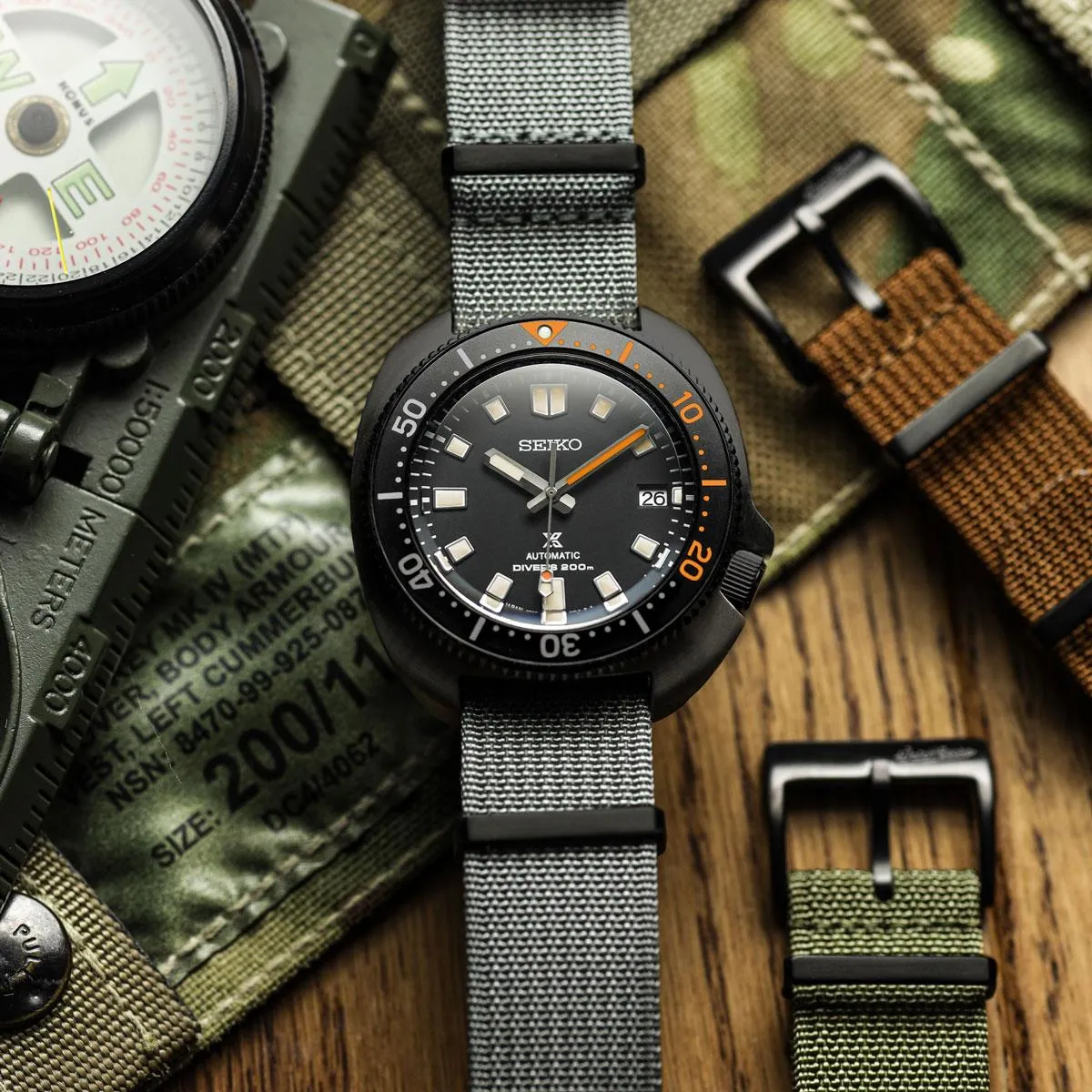 WatchGecko Ridge Military Nylon Watch Strap - Grey - PVD IP Black