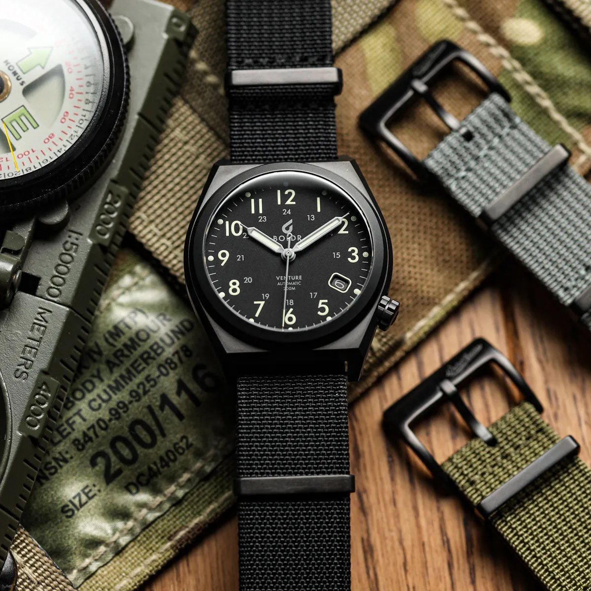 WatchGecko Ridge Military Nylon Watch Strap - Grey - PVD IP Black