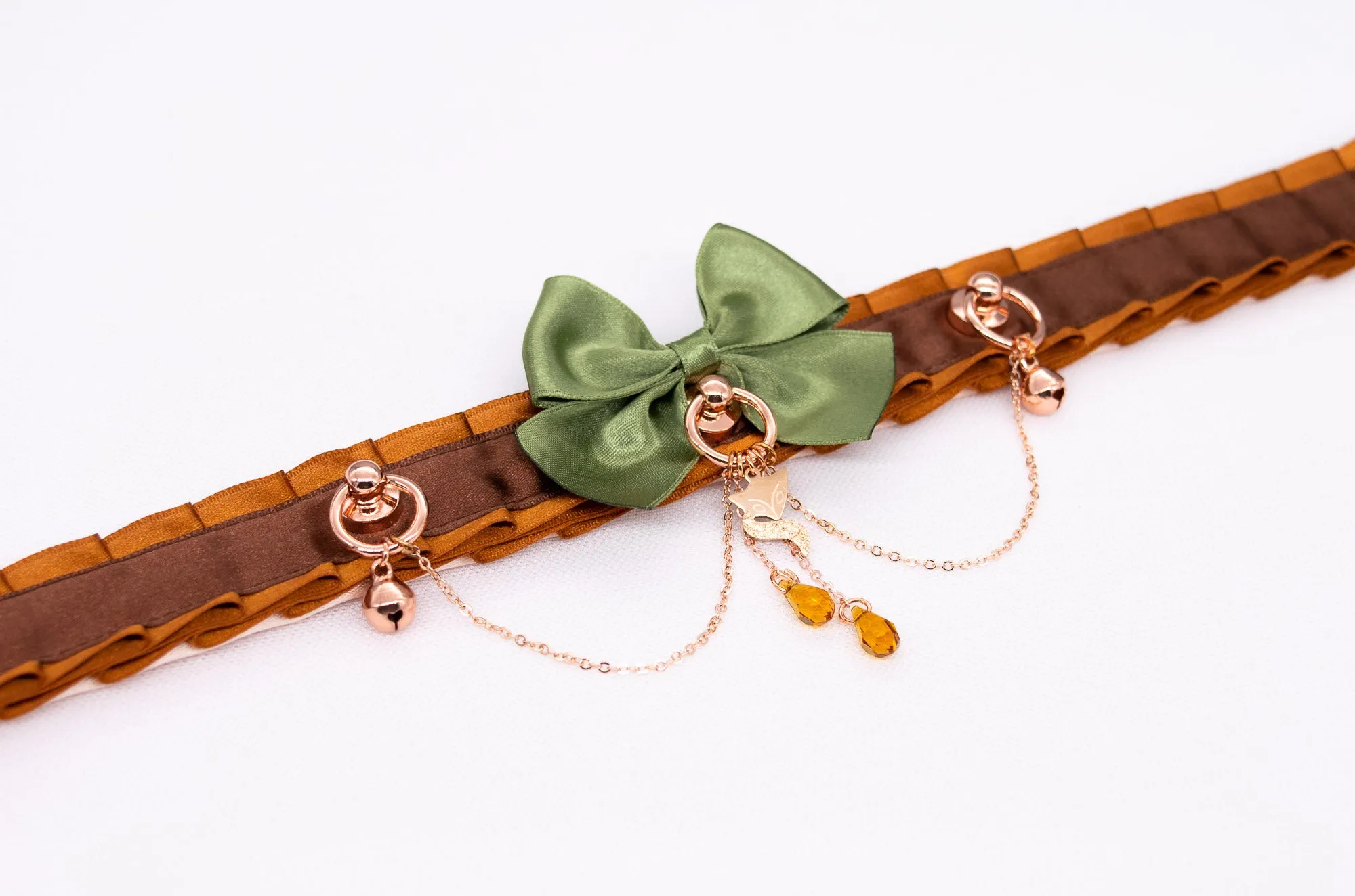 Woodland Fox - Chocolate Brown, Caramel and Sage Green Rose Gold BDSM Collar